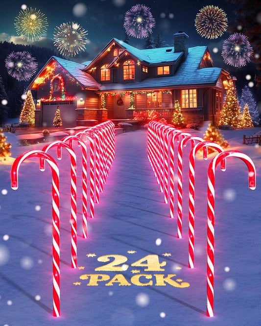 COOLWUFAN 24 Pack Christmas Candy Cane Pathway Lights, 17'' Outdoor Christmas Decorations Pathway Markers Lights for Indoor & Outdoor Holiday Party