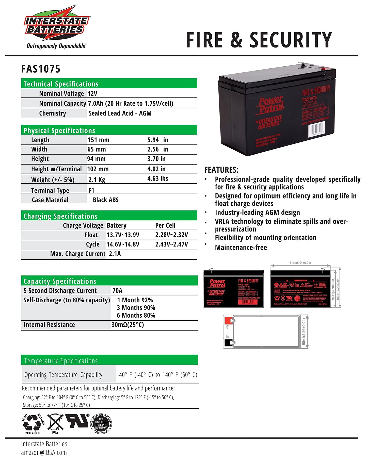 Interstate Batteries 12V 7Ah Fire & Security Battery (F1 Terminal) SLA AGM VRLA Power Patrol Rechargeable Replacement for Fire Alarms, Security…