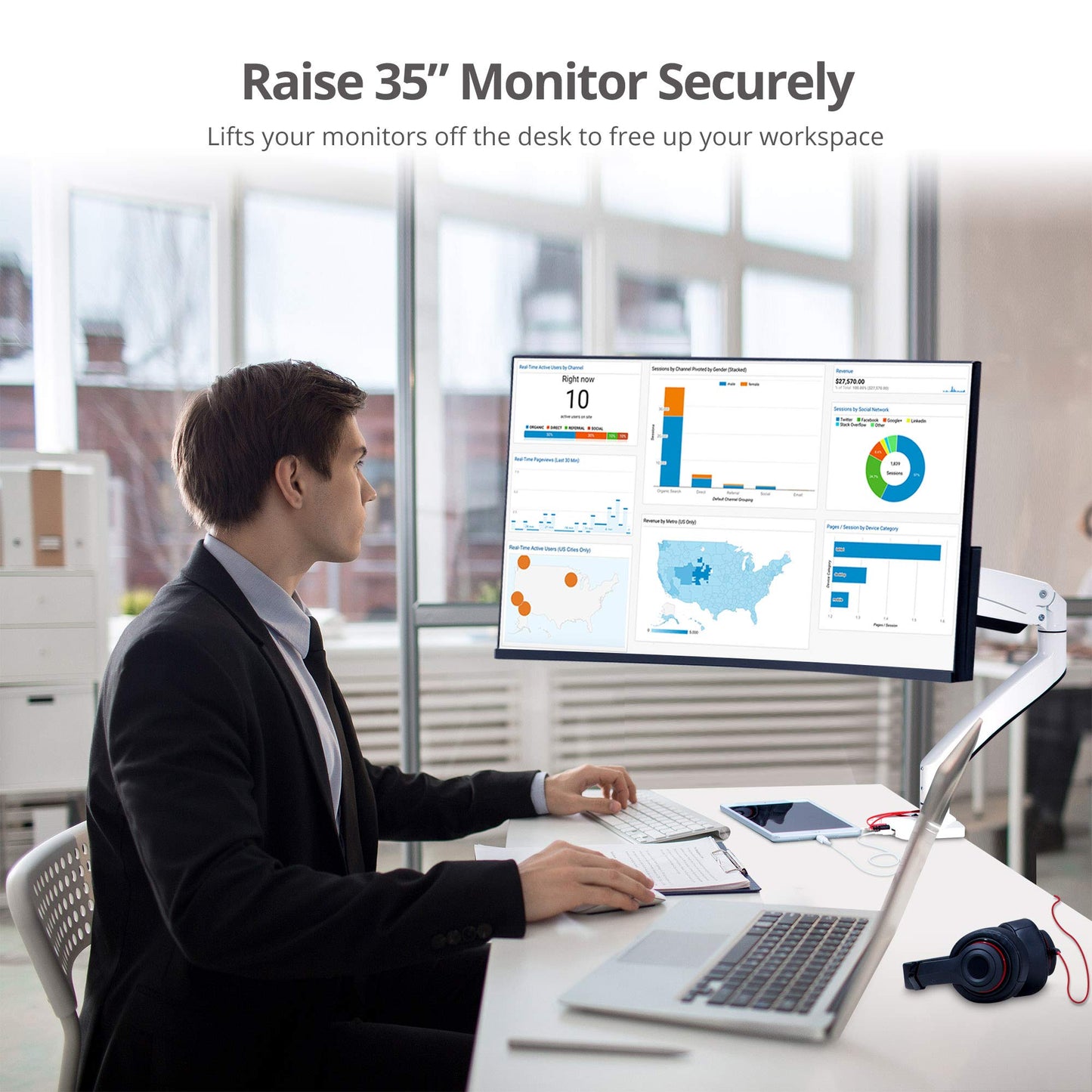 SIIG Single Monitor Desk Mount, 17" to 43", USB 3.0 and Audio Extend Ports, Fits Flat/Curved/Ultrawide Monitor, Load 33 lbs max, VESA 75x75 100x100