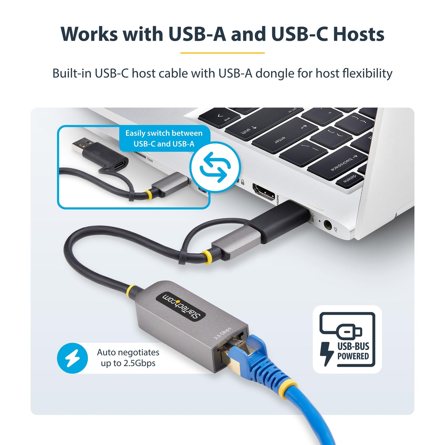 StarTech 2.5GbE USB-C to Ethernet Adapter, USB-A Converter, NBASE-T NIC