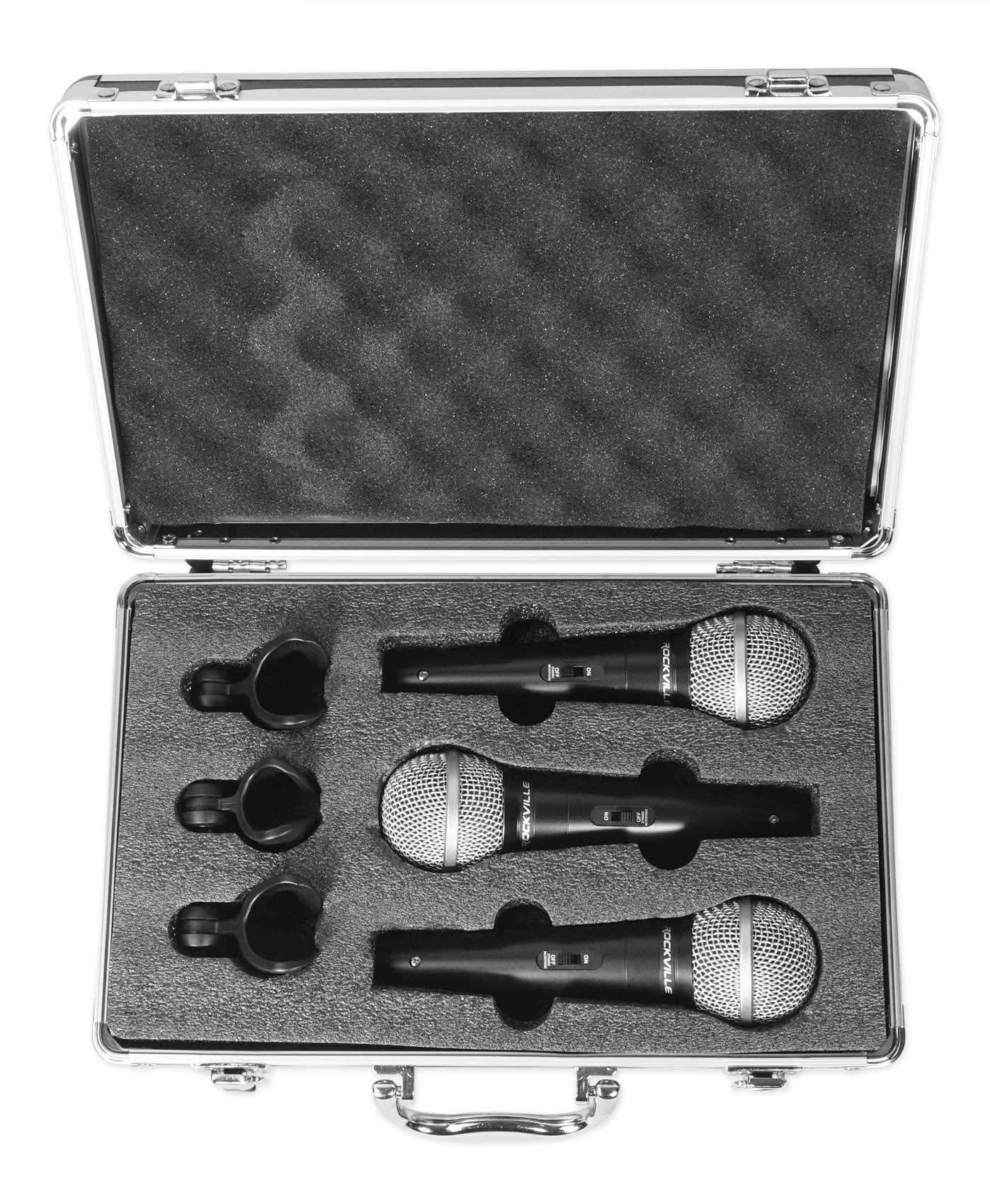 Rockville RMC-3PK Dynamic Microphones 3 Pack, Uni-Directional, Metal Build, XLR, Clear Sound, Low Background Noise, Durable Case, for Vocals