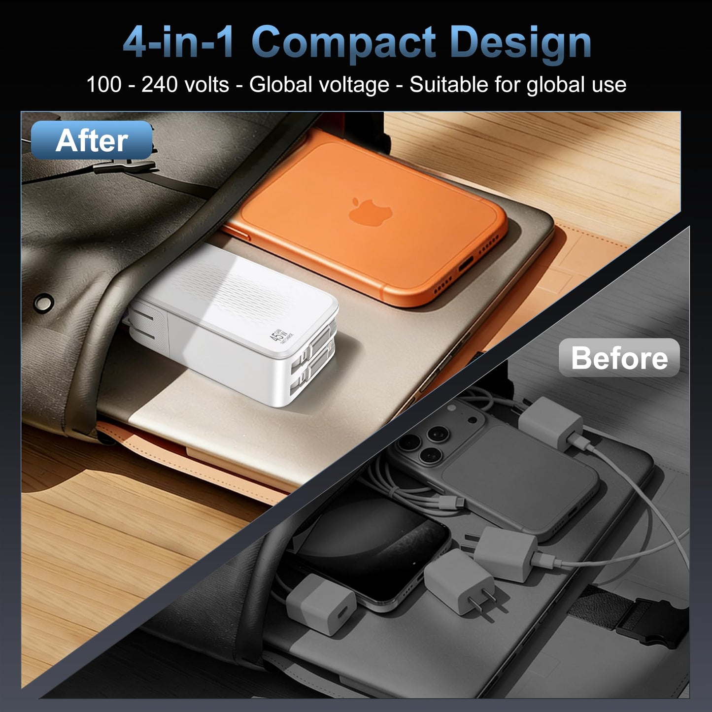 4-in-1 Retractable Charger with USB-C & Lightning Cable,45W GaN Wall Charge
