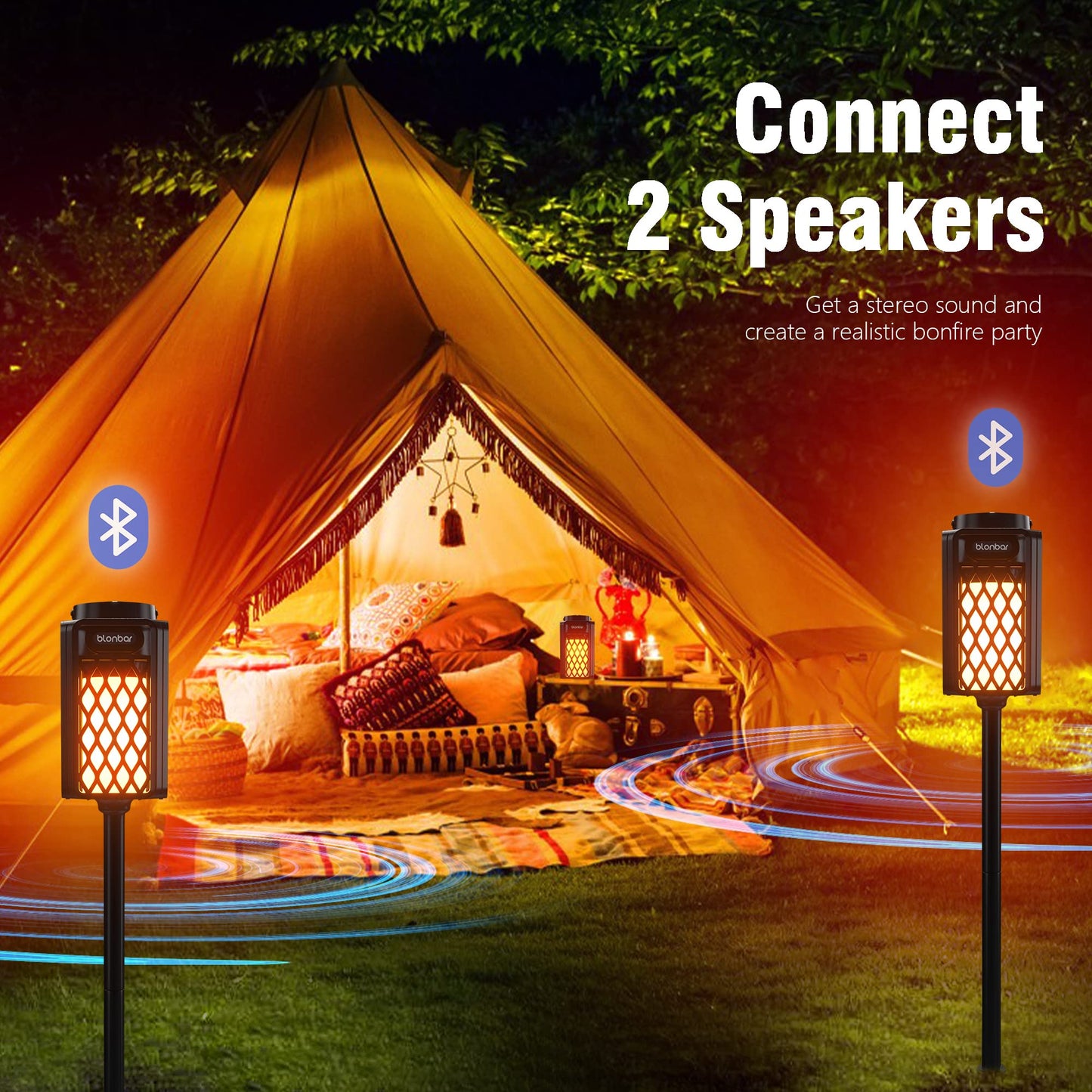 blonbar 2pcs Outdoor Speakers with Torch Atmosphere,10W Portable Bluetooth Stereo Speaker,IP65 Waterproof Led Flame Speakers, Torch Lights for Patio