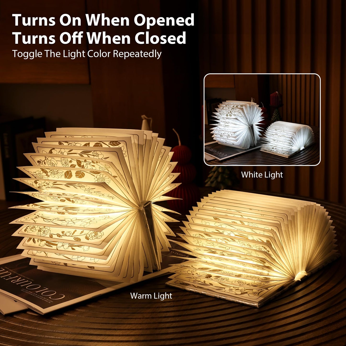 ZBOLE Floral Print Book Light,3-Color Book Lamp Book Lovers Gifts | 1200mAh Portable Foldable Paper Desk Lamp | Night Reading Bookshelf Lamp,Valentine
