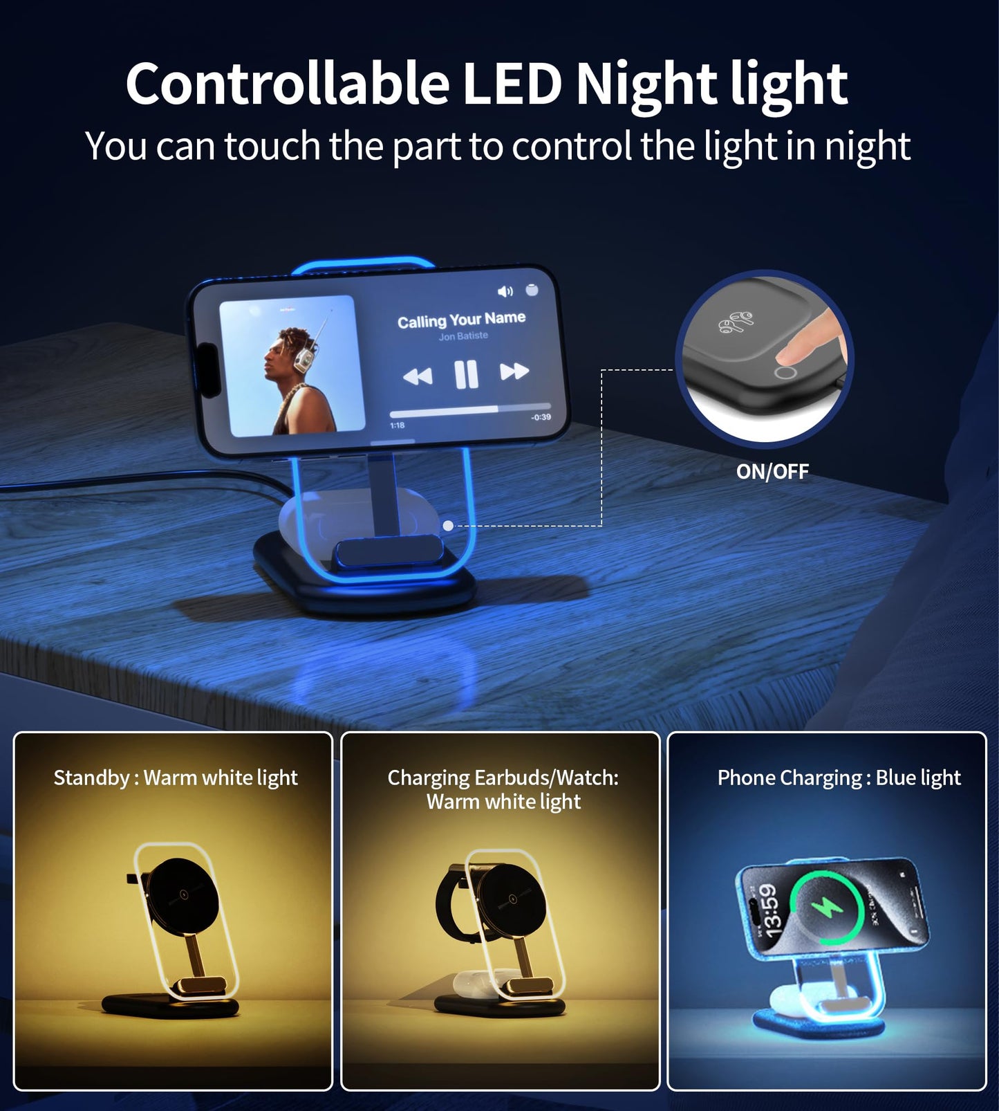 3 in 1 Magnetic Wireless Charging Station for Apple Devices, Fast Foldable Travel Mag-Safe Charger Stand with Night Light for iPhone 17 16 15 14 13 12