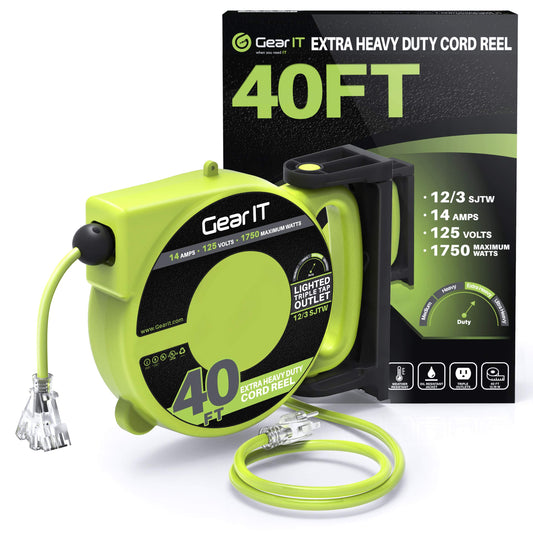 GEARit Retractable Extension Cord Reel (40ft) 12/3 AWG Gauge SJTW,3 Outlets, LED Power Indicator, 14-Amps Circuit Breaker, 180 Degrees, UL Listed for