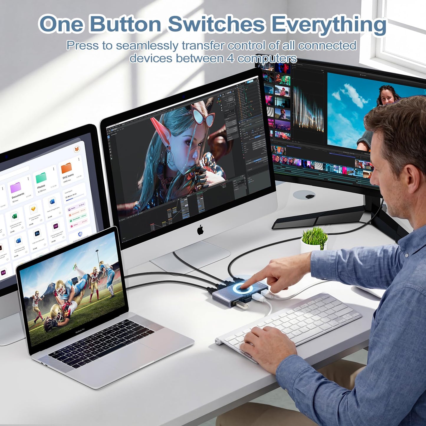 USB 3.0 Switch, 4 Computers Sharing 4 USB Devices, One-Button Switcher for Keyboard Mouse Printer Scanner, USB Peripheral Sharing Hub for PC Laptop