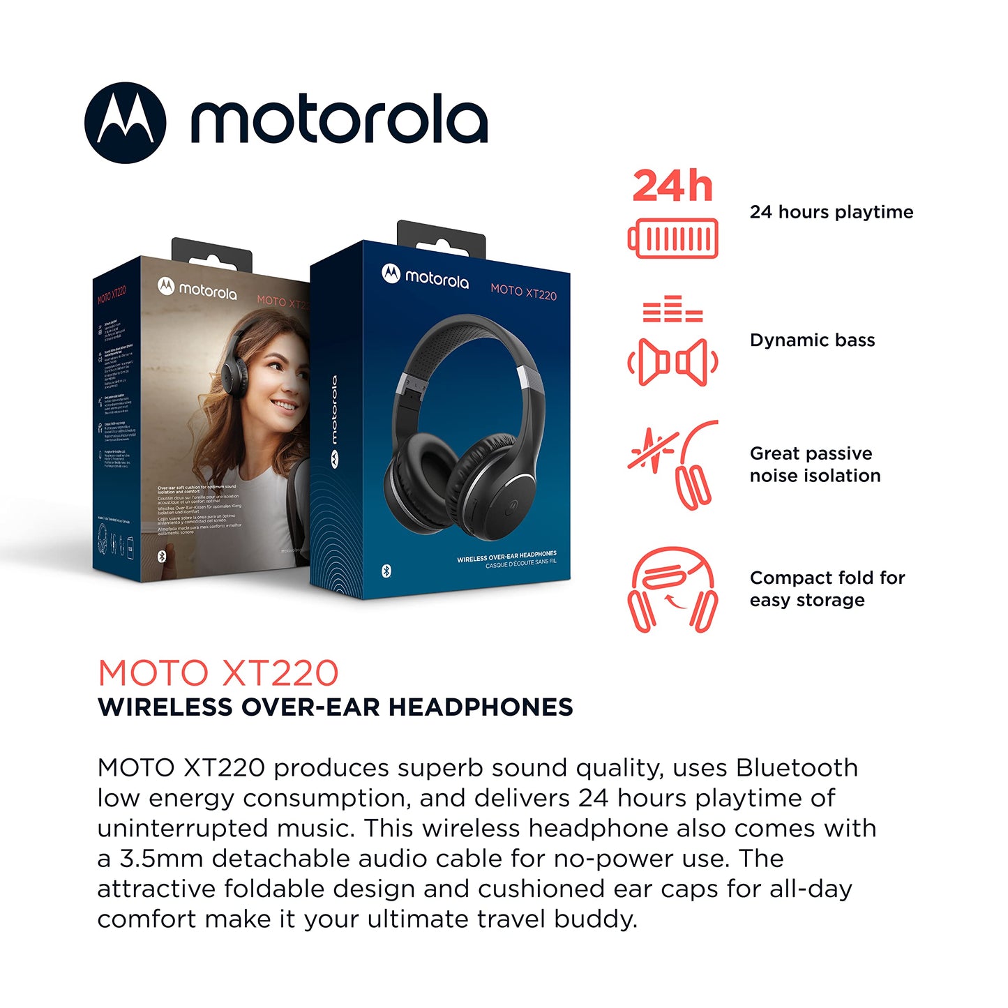 Motorola Sound Moto XT220 Bluetooth Wireless Headphones with Microphone, in-Line Control for Calls - Foldable Over-Ear Head Phones, Adjustable