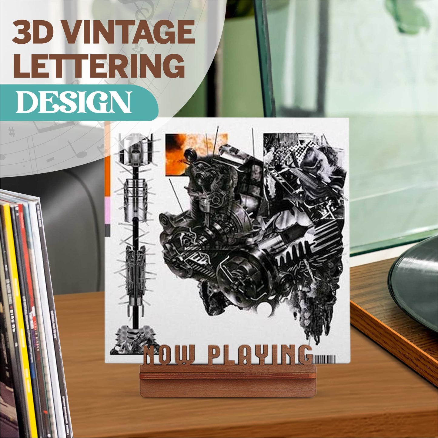 Aikyam Records Now Playing Vinyl Stand - 3D Retro Holder for LP Vinyl Records - Wooden Turntable Accessory - Gift Ideas - Album Display Stand