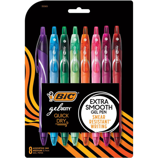 BIC Gelocity Quick Dry Assorted Colors Gel Pens, Medium Point (0.7 mm), School Supplies for Color-Coding Notes, with Full Grip, 8-Count Pack in