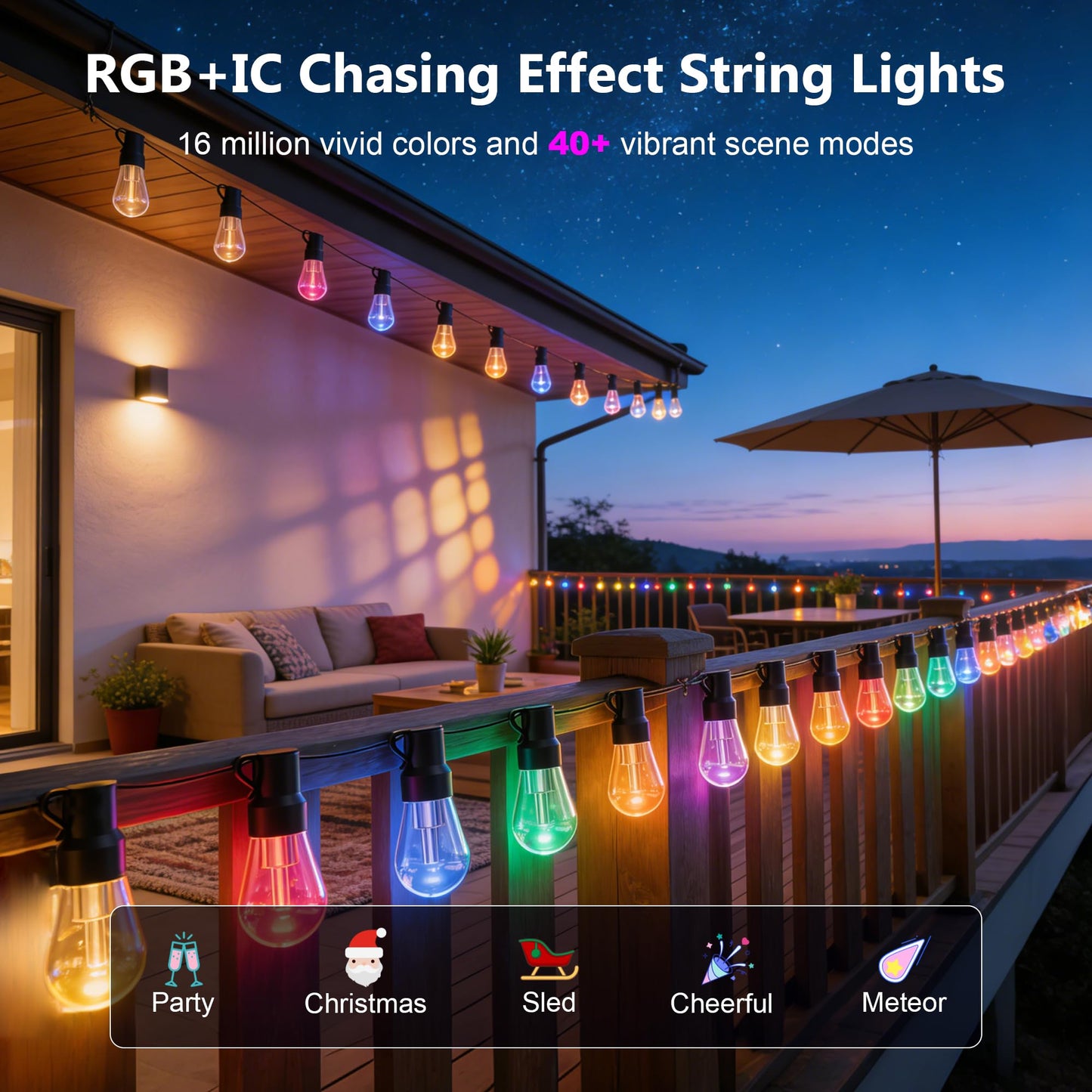 Beizelte Outdoor String Lights, 150FT RGB+IC Outside Light Dimmable Shatterproof LED Bulbs, IP67 Waterproof Chasing Effect Lighting DreamColor Patio