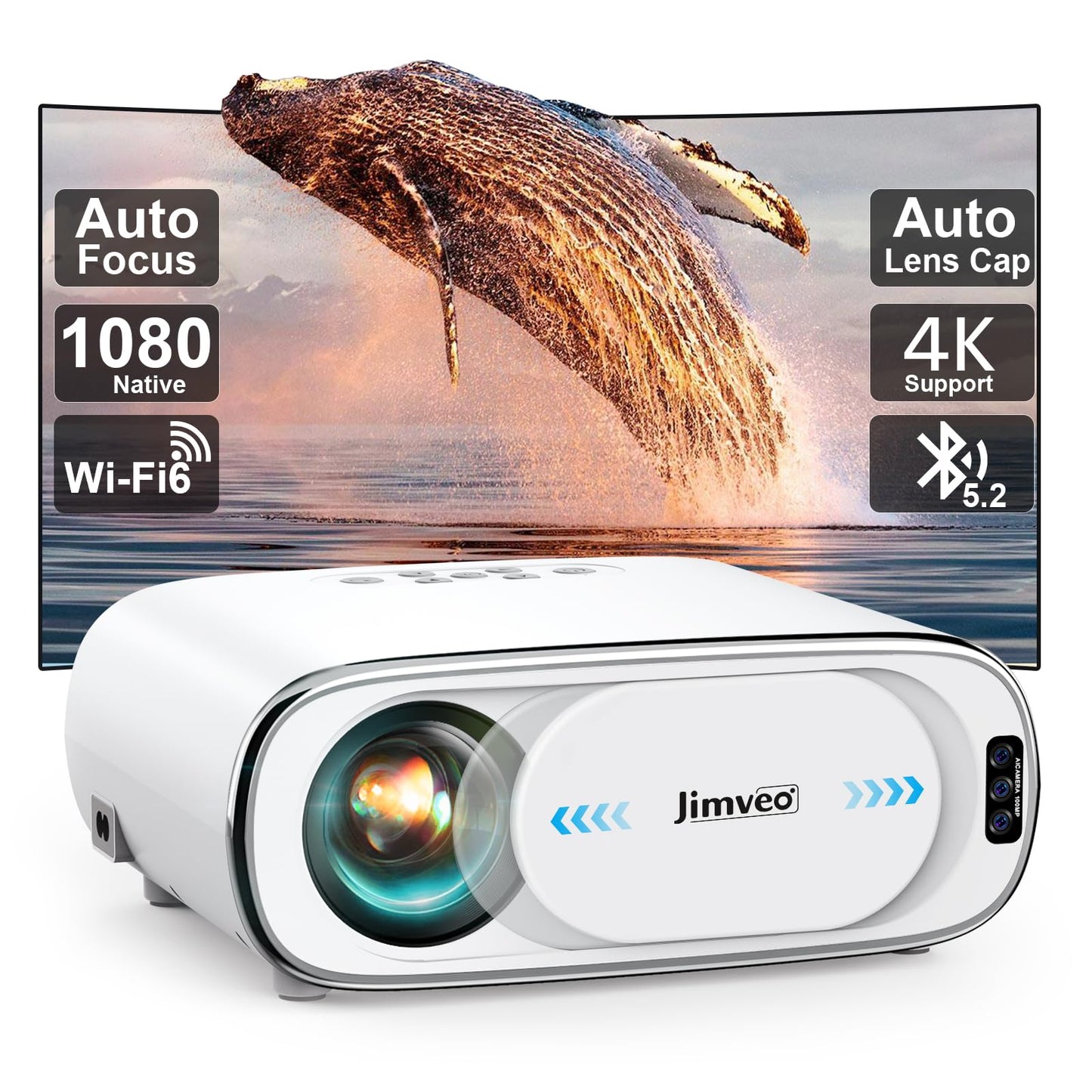 [AI Auto Focus/Auto Lens Cap] Outdoor-Projector-4K with WiFi 6 and Bluetooth: 1500 ANSI Portable Projector with Auto 6D Keystone & Zoom, Jimveo Native