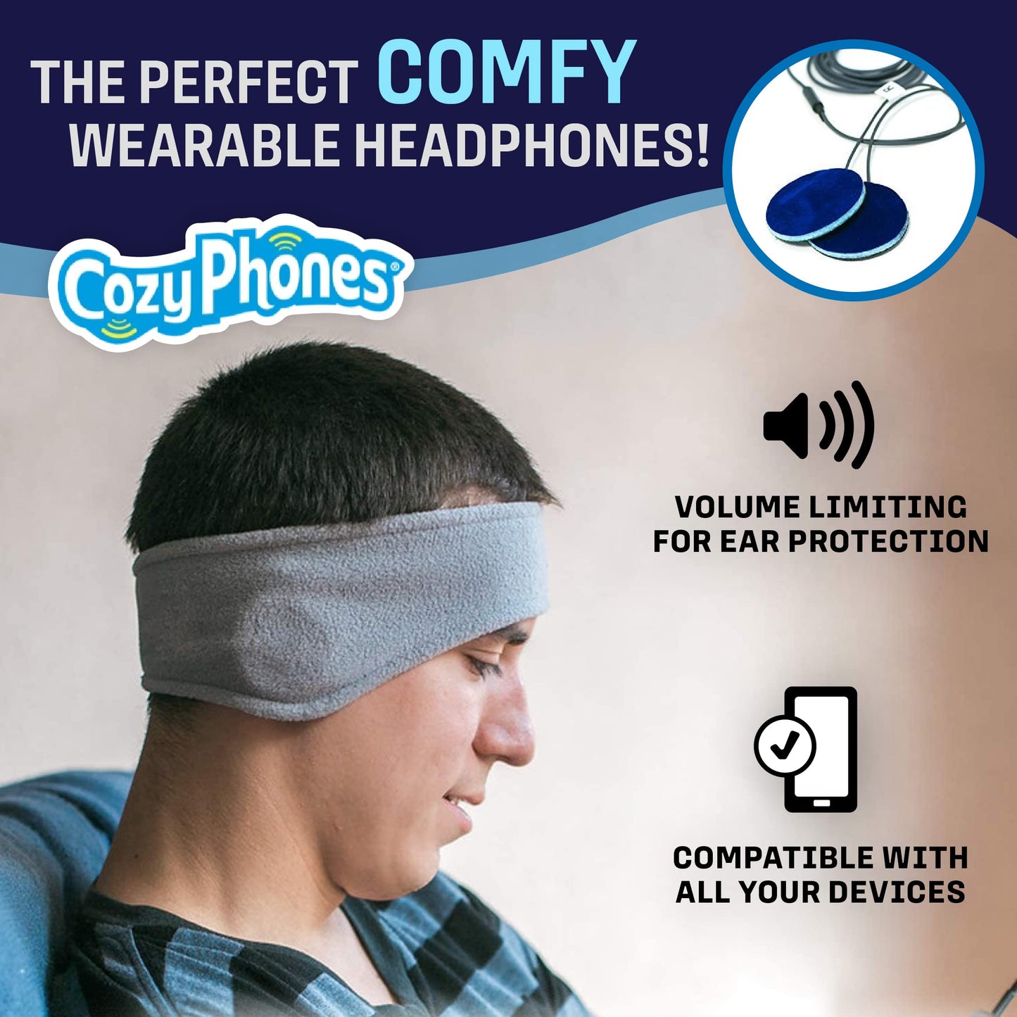 CozyPhones Sleep Headphones - Over Ear Headphones from Ultra Thin Cool Mesh Wired for Side Sleepers, Meditation, Running, Laptop, and Phone - Gray