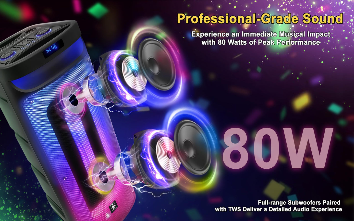 Fisher Bluetooth PA Stereo Speakers System-Karaoke Portable Wireless DJ, Dual 10" 80W Peak Power, Loud HD Sound & LED Lights, Rechargeable, TWS, 2 MIC