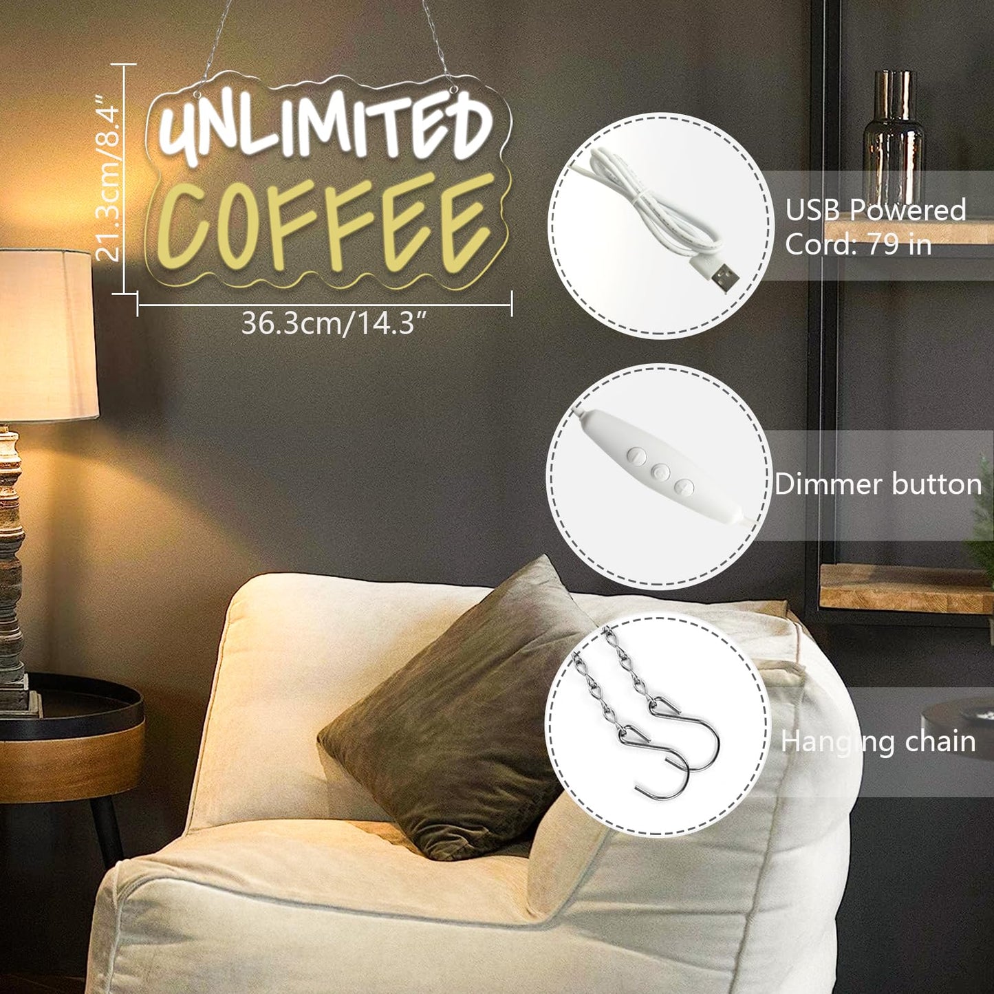HKONHGUK Unlimited Coffee Neon Sign Cool White and Warm White LED Light Dimmable USB Powered Wall Decor for Coffee Bar Kitchen Office Funny Coffee