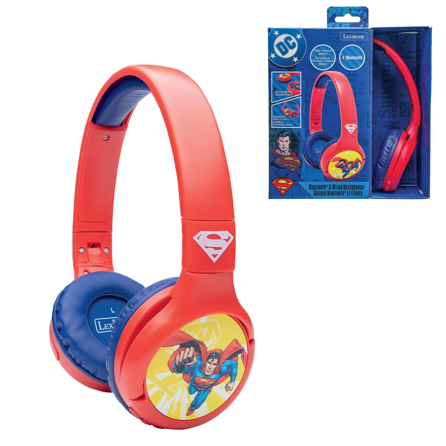 LEXiBOOK - Superman - Kids’ 2-in-1 Bluetooth and Wired Headphones - Stereo, Wireless, Wired, Limited Volume, Foldable, Adjustable, for Boys/Girls…