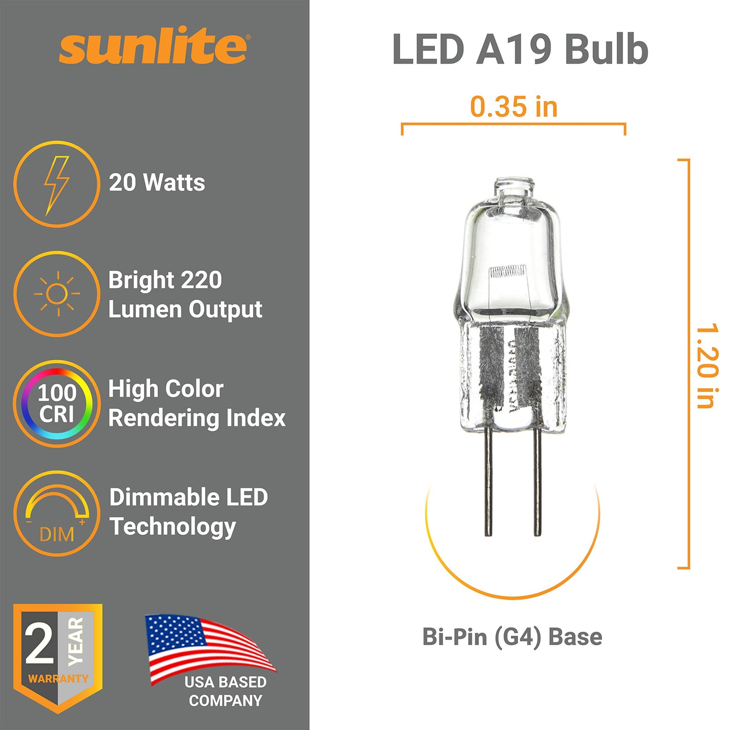 Sunlite 40606-SU Q20/CL/G4/24V Halogen 20-Watt Single Ended T2.5 Light Bulb, 24 Volt, G4 (Bi-Pin) Base, Clear, 220 Lumen, 2000 Hour Life Span, 3200K