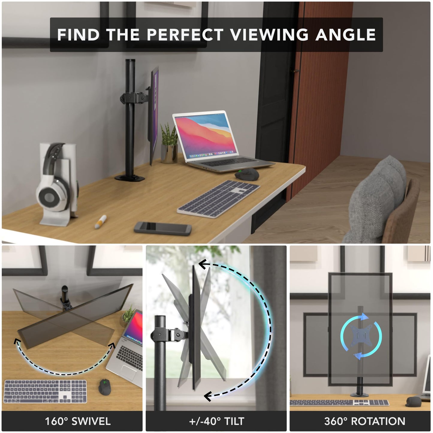 Mount-It! Single Monitor Desk Mount - Computer Screen Stand with Full Motion Adjustability - VESA Monitor Bracket Up to 32" 19.8 lbs - 360° Rotation