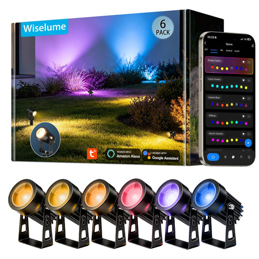 WISELUME RGBCW Smart Outdoor Landscape Lighting, 6 Pack Outdoor Spot Lights with Transformer, WiFi+Bluetooth App Control Garden Path Lights, Low