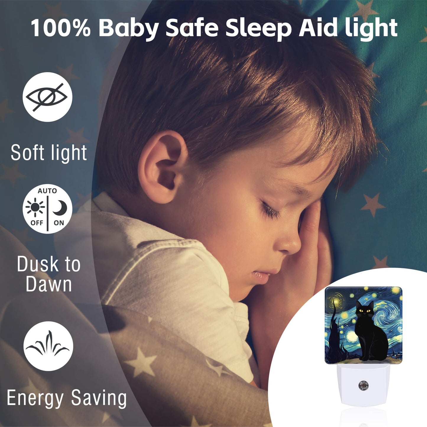 sndheke Starry Night Black Cat Night Light Plug into Wall, Abstract Oil Painting Dusk to Dawn Night Light Plug in,0.5w Energy Saving Sleep Friendly