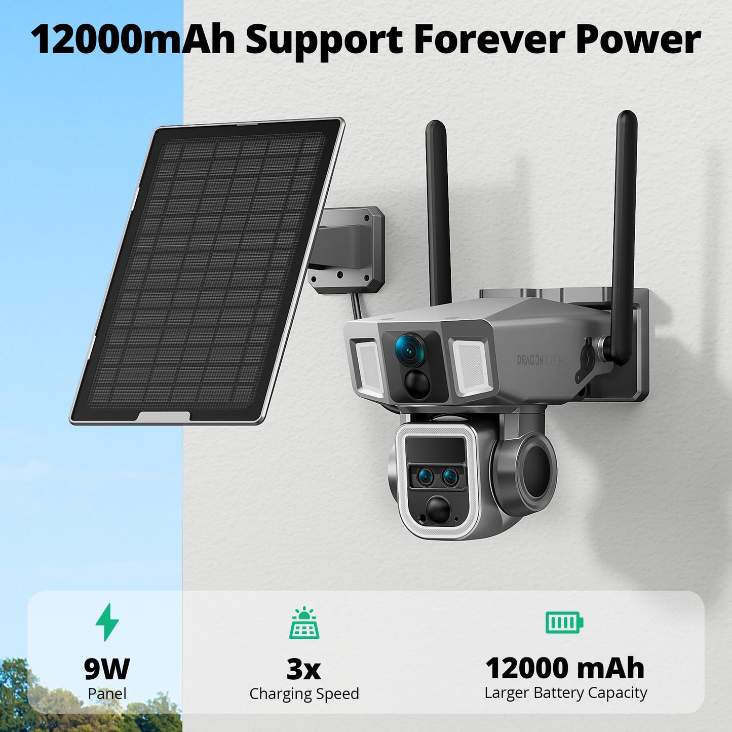 Dragon Touch 4G LTE Cellular Security Camera Outdoor, 4K Wireless Solar Bullet-PTZ Cam, 3 Lens, 10x Optical Zoom, 4G or WiFi 2 Mode, 360° PTZ AI