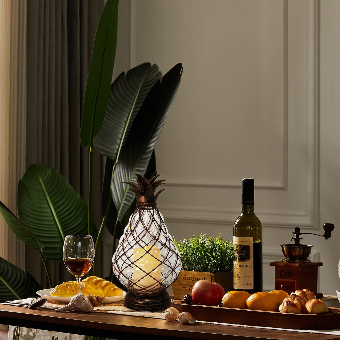 MOZEAL 13" Outdoor Glass Pineapple Lantern,Ip44 Waterproof,6 Hours Timer,Decorative Candle Lantern,with Flameless Candles,Battery Operated,for Front