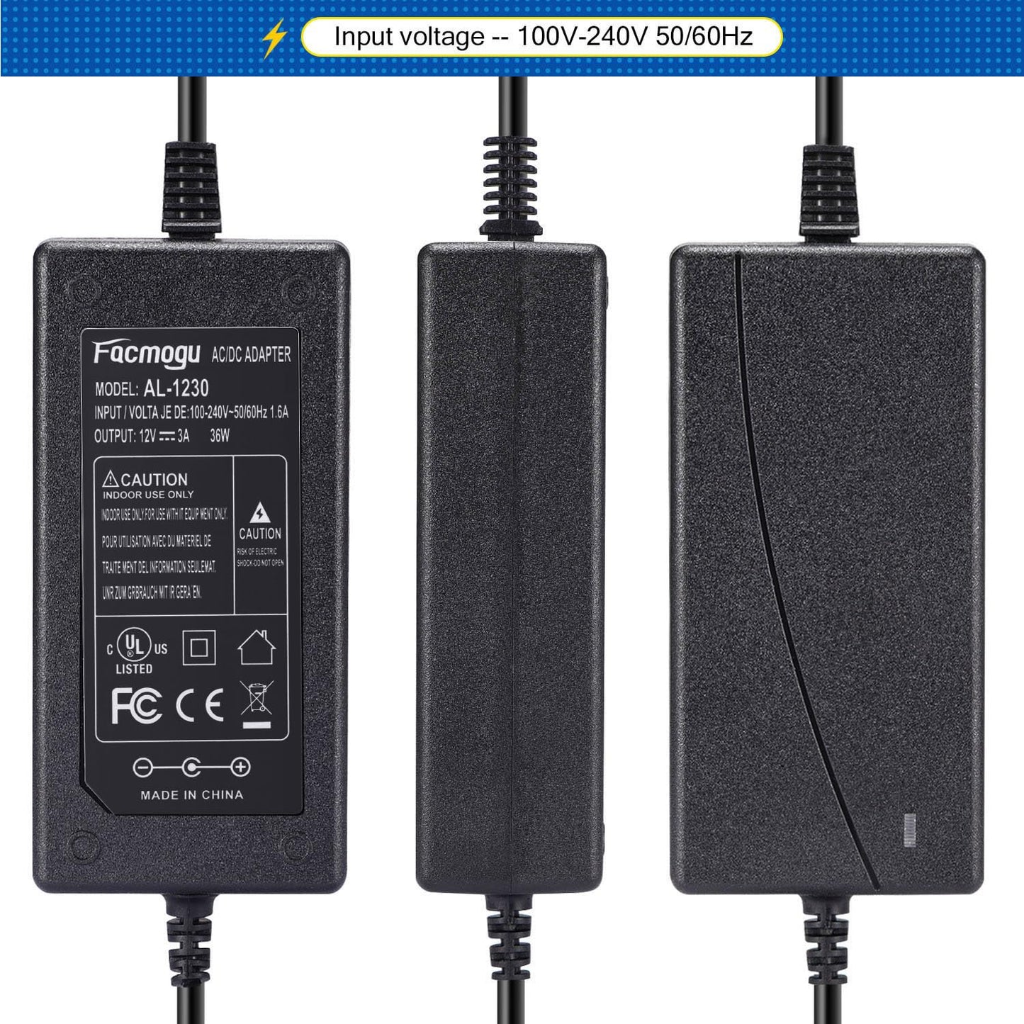 Facmogu DC 12V 3A Power Adapter, 100-240V AC to DC 12V 3A 36W Power Suppy with Barrel Connector 5.5x2.5mm & 5.5x2.1mm, 12 Volt 3 Amp Desktop Adpater…
