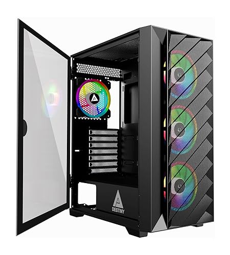 Apevia Destiny-MESH-BK Destiny Mesh Mid Tower Gaming PC Case w/ 4X 120mm ARGB Fans, 366 RGB Light Modes, 1x Metal Mesh Front Panel, 1x Door Swivel