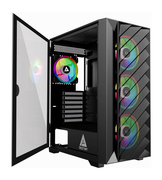 Apevia Destiny-MESH-BK Destiny Mesh Mid Tower Gaming PC Case w/ 4X 120mm ARGB Fans, 366 RGB Light Modes, 1x Metal Mesh Front Panel, 1x Door Swivel