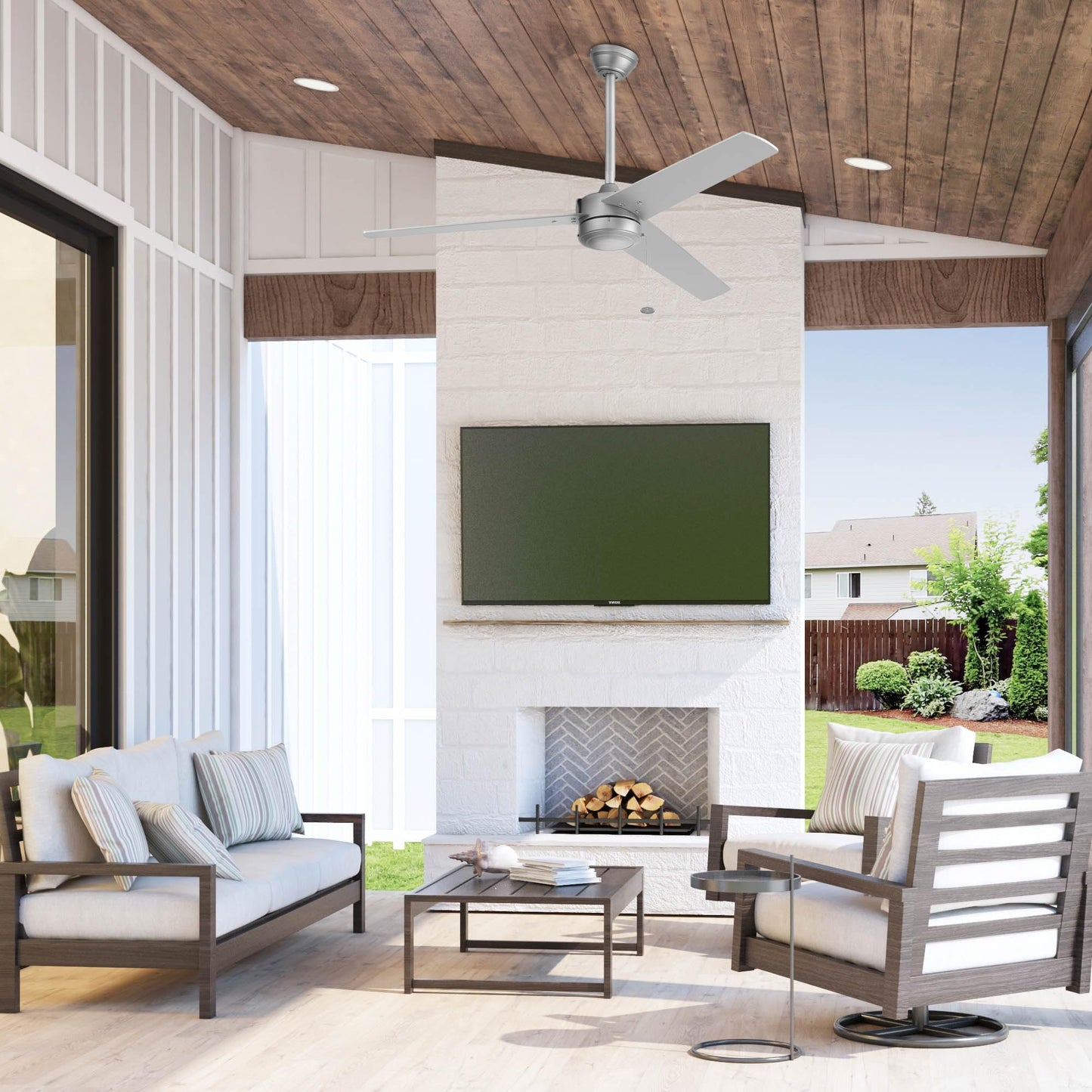 Prominence Home Tenant, 52 Inch Contemporary Indoor Outdoor LED Ceiling Fan, No Light, Pull Chain, Dual Mounting Options, 3 Dual Finish Blades