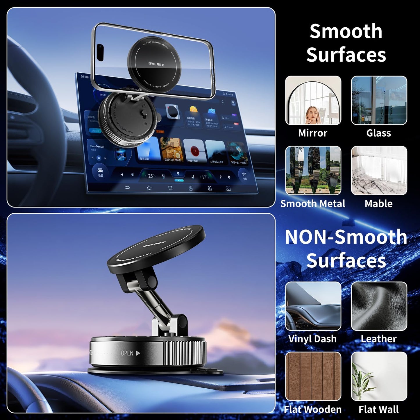 OWLREX Magnetic Phone Holder for Car, Vacuum Suction Cup Magsafe Car Phone Mount with Strong Magnet 360° Rotatable Phone Holder for iPhone 15/14/13