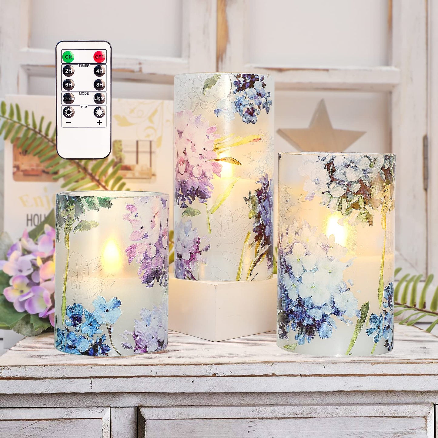 REVELBUNNY Blue Hydrangea Flameless Candles, Decorative LED Candles Flickering with Remote Timer, Battery Operated Real Wax Candles for Birthday Party