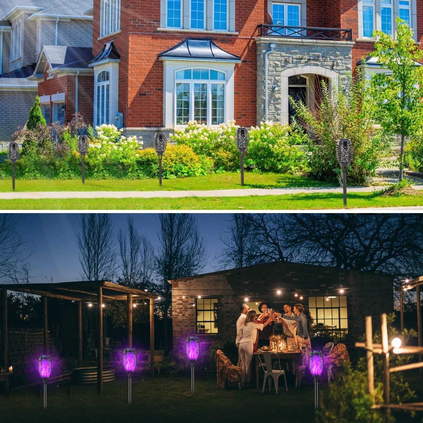 COCOMOX Halloween Decorations Outdoor, 12 Pack Purple Solar Lights Outdoor Waterproof 12 LED Mini Tiki Torch Lights with Flickering Flame for Outside