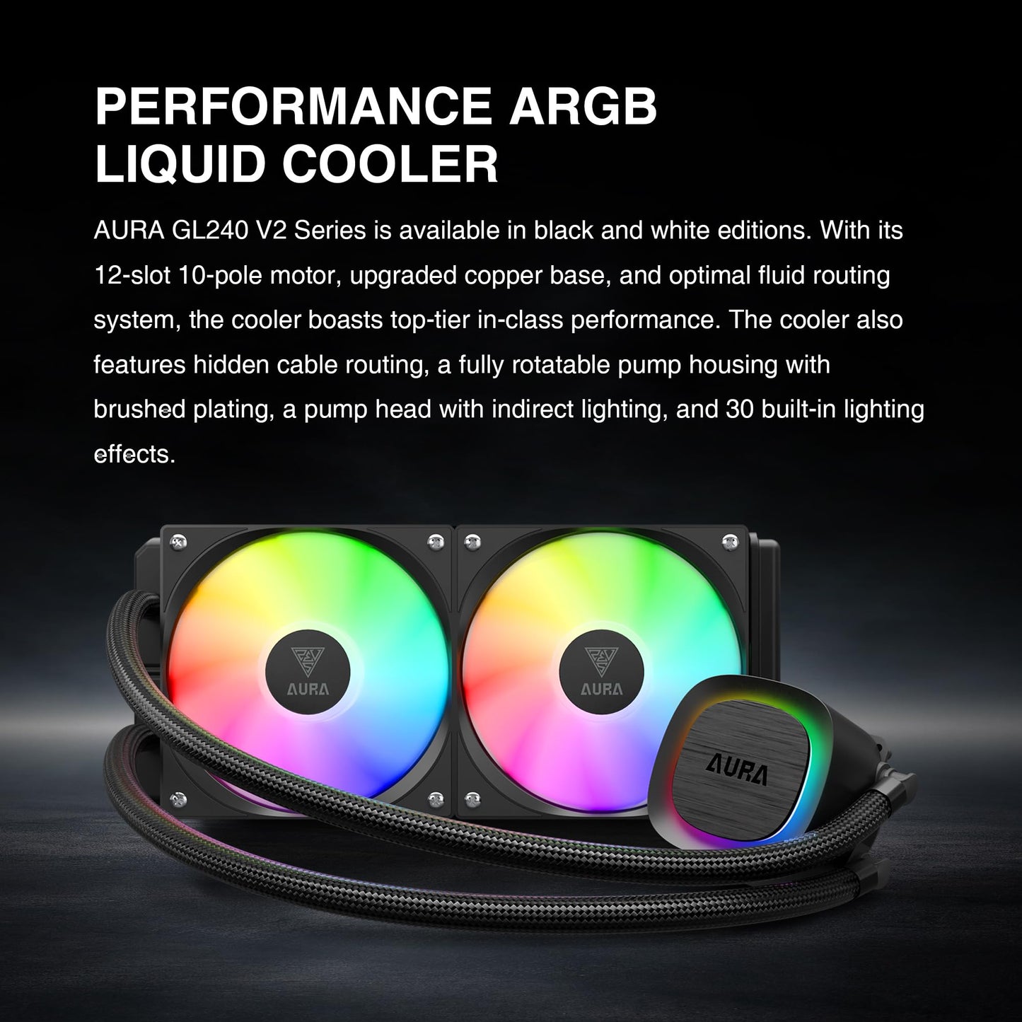 GAMDIAS Aura GLV2 240mm AIO Liquid CPU Cooler, Rotatable Performance 10-Pole Pump, 2 x 120mm Daisy-Chained Hidden Cable Fans, Low-Noise PWM & ARGB