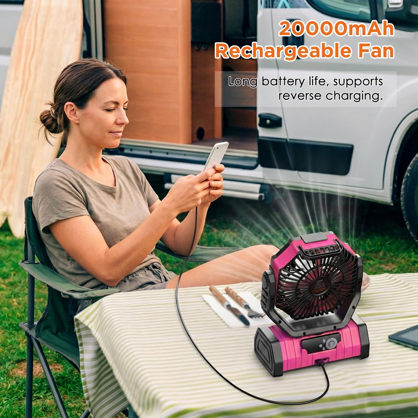 OGERY 20000mAh Rechargeable Camping Fan with LED Lantern, Portable Battery Powered Fan, Remote & Oscillating - 4 Speed for Tent, Travel, Bedroom, Car