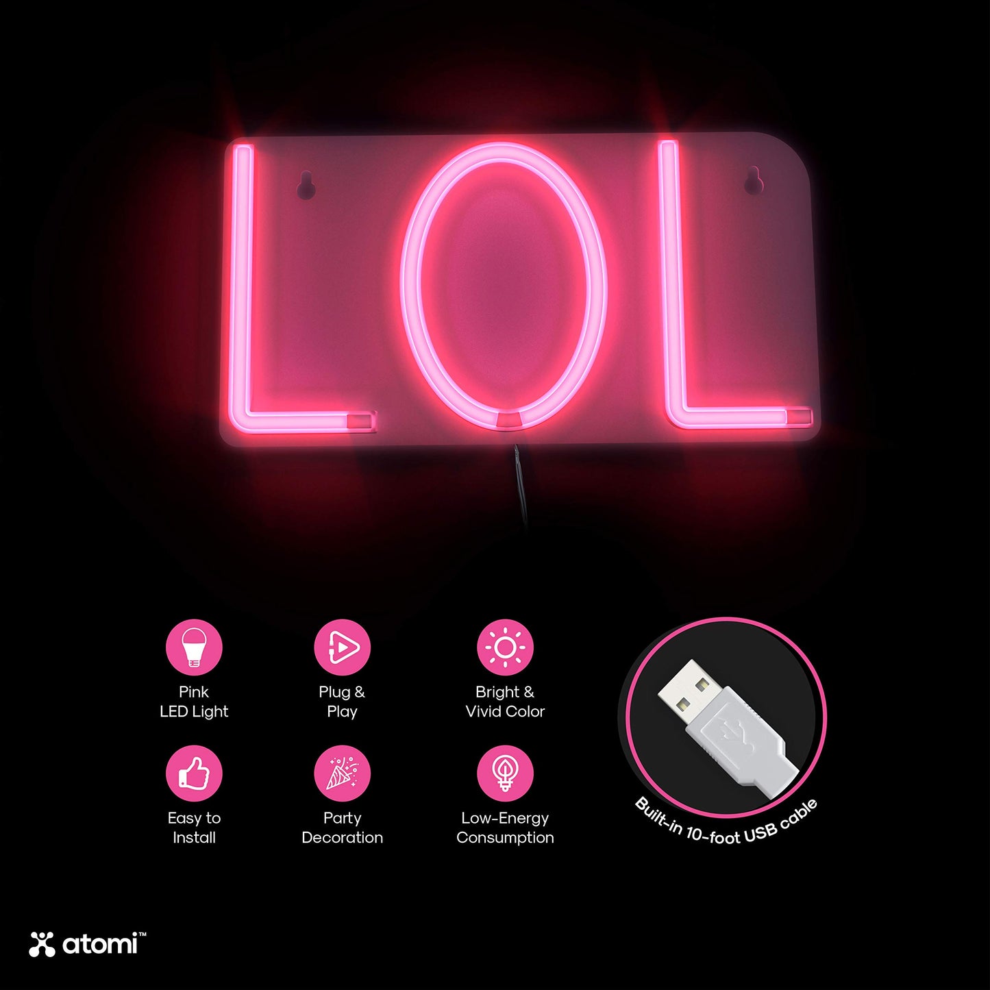 Atomi Smart Neon LED Light I Decorative Wall Art for Bedrooms, Bars & DIY Designs I USB Powered, 10 ft Cord - LOL -Pink
