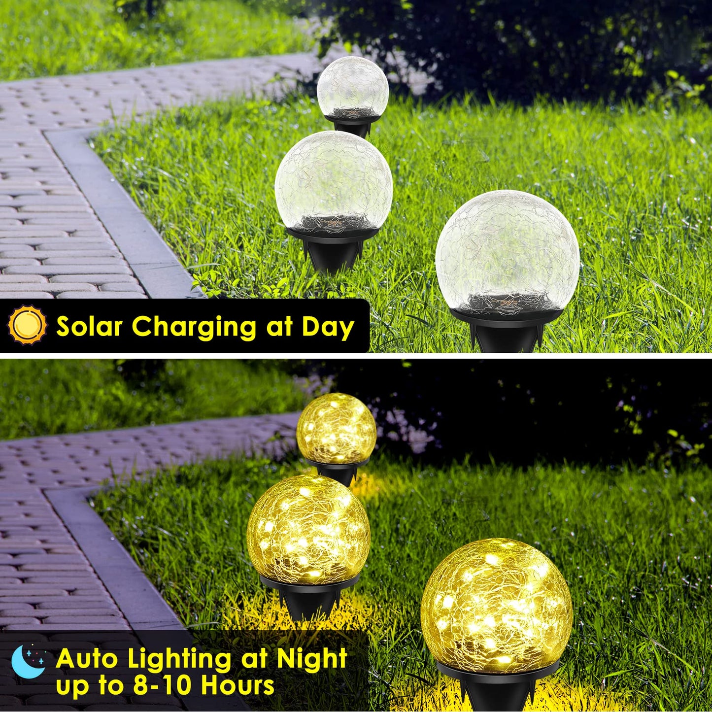 Keevvon 2 Pack 60 LED Solar Garden Lights Outdoor Decoration, Cracked Glass Solar Globe Lights, Upgraded Waterproof Warm White Ball Lights for Yard
