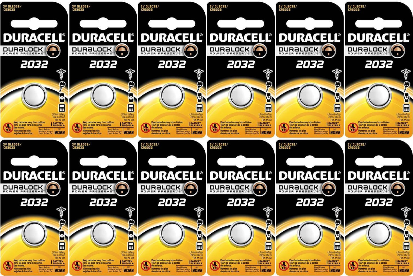 Duracell DL2032 Lithium Coin Battery, 2032 Size, 3V, 230mAh Capacity Pack of 12