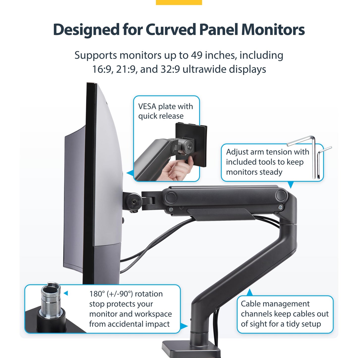StarTech.com Monitor Desk Mount for up to 49in 32:9 Ultrawide Curved Screen, Mechanical Spring Arm, C-Clamp/Grommet, Max 44lb