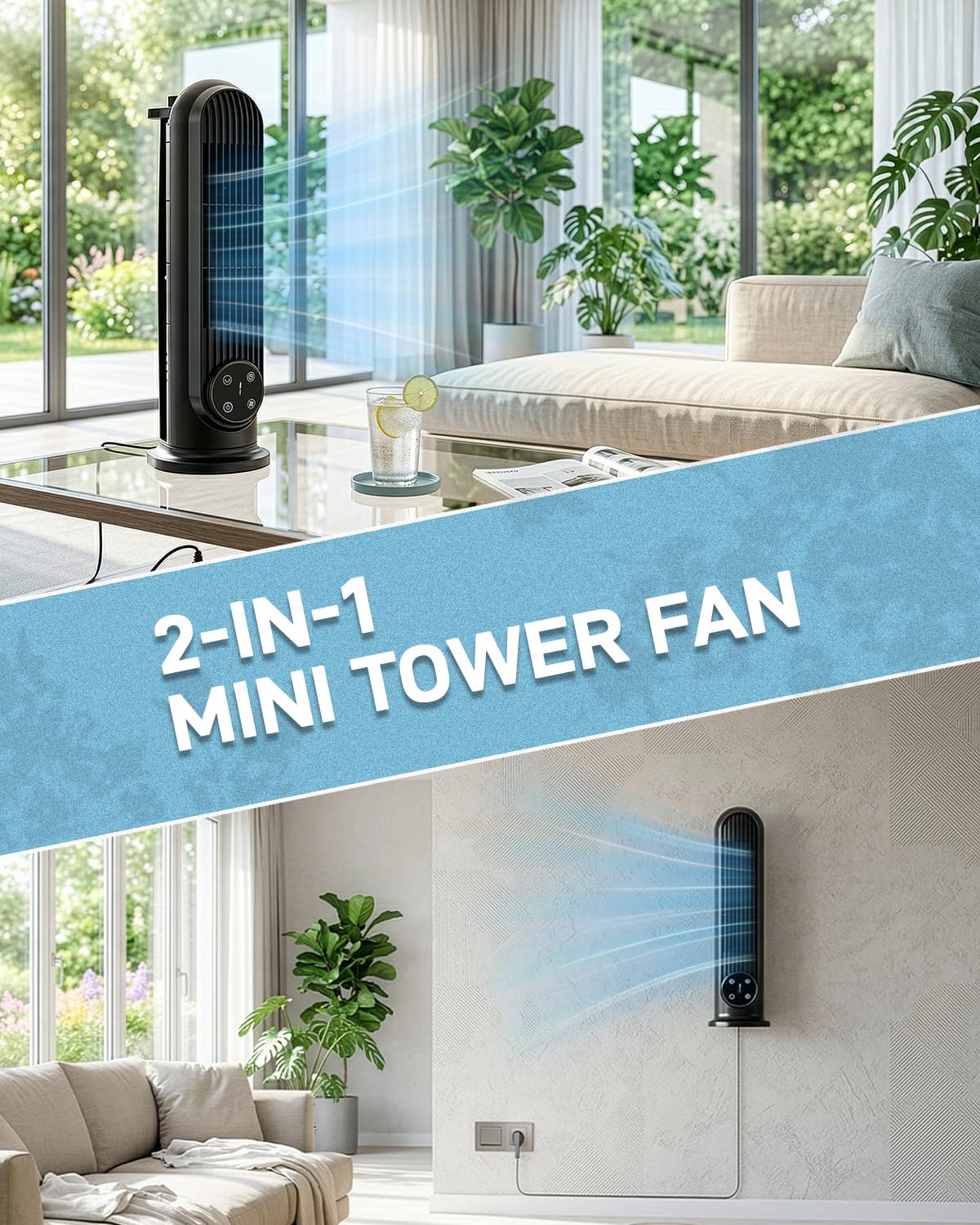 Pinikuyiro Mini Tower Fan, 16" Bladeless Floor/Wall-Mounted Fan with Remote Control, LED Display, 90°Oscillation, 3 Speeds & 9H Timer, Ultra-Quiet