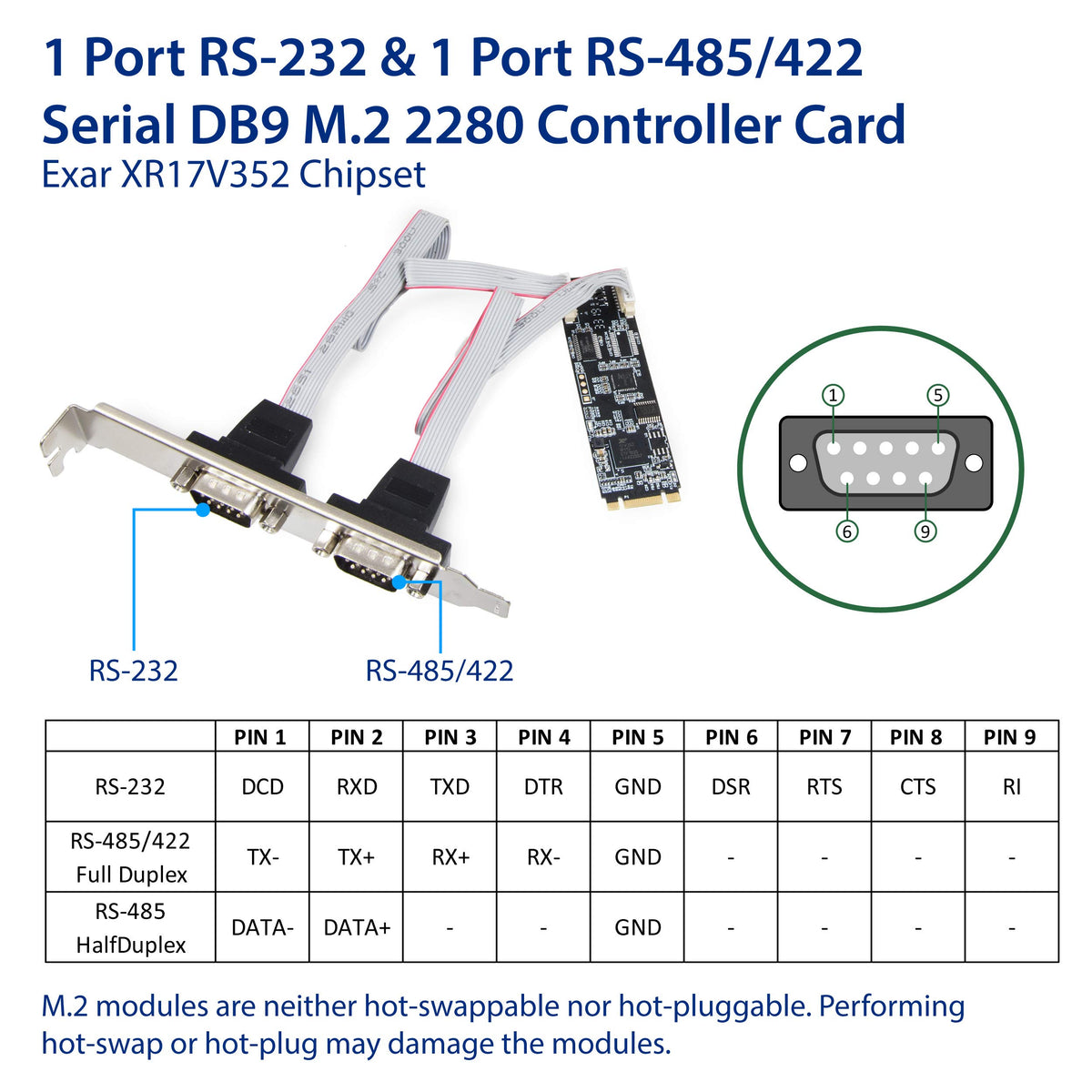 IO CREST 2 Port RS-232 DB9 Serial M.2 B+M Key Controller Card SI-ADA15070