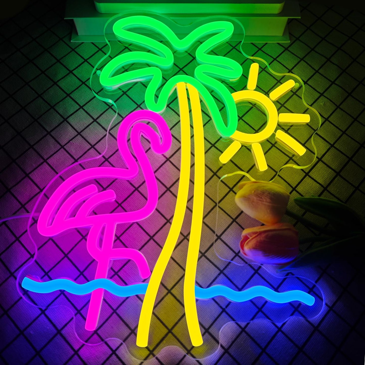 Flamingo Sun Palm Tree Neon Sign for Wall Decor Flamingo Led Neon Lights Sun Wave Neon Signs Dimmable for for Bedroom Living Room Man Cave Bar Club