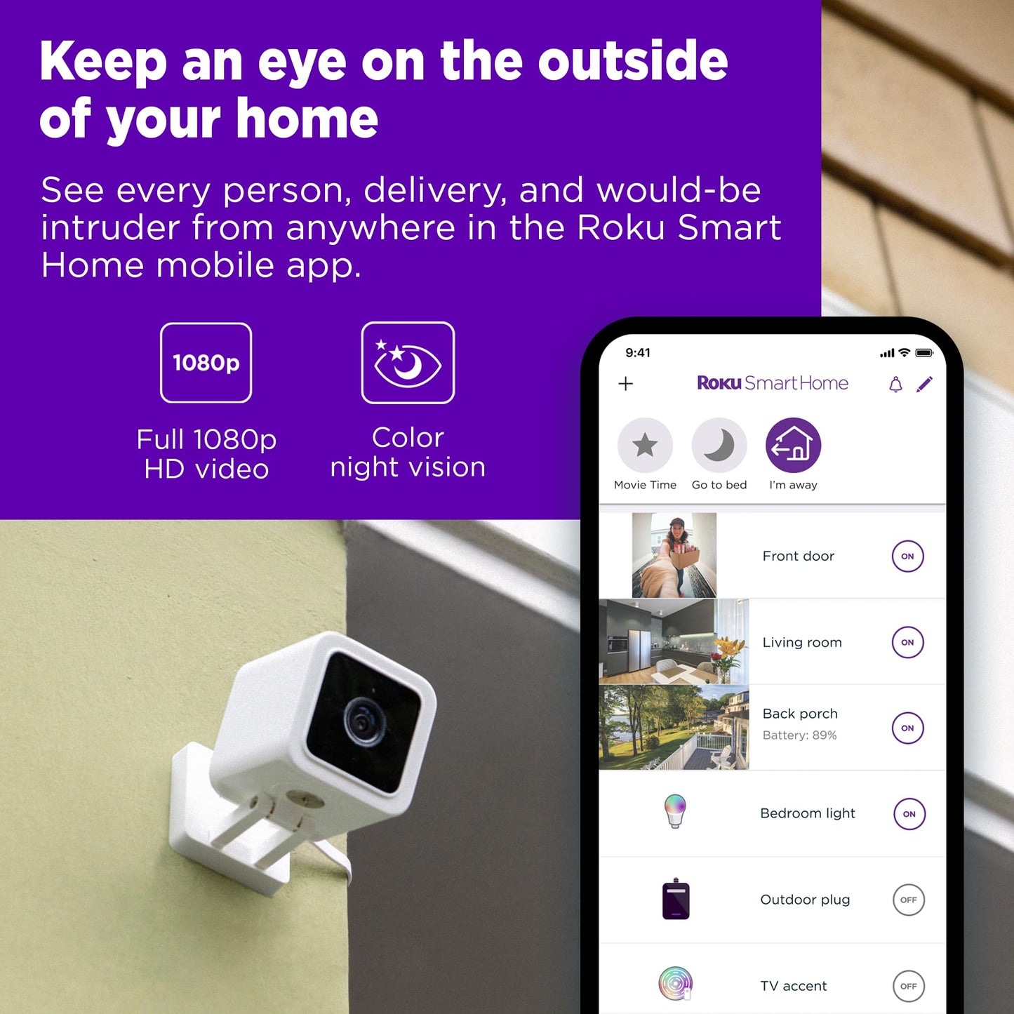 Roku Outdoor Camera for Home Security - IP65 Weather Resistant Wired Security Camera with 1080p HD Night Vision, Works with Alexa & Google, Motion
