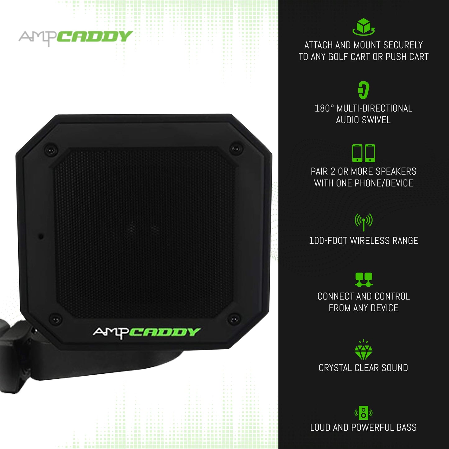 Ampcaddy Golf Bluetooth Speaker with Mount, Bluetooth Speaker and Mount with Loud Stereo Sound and Bass Boost, Extended Playtime and Range (V3 Pro