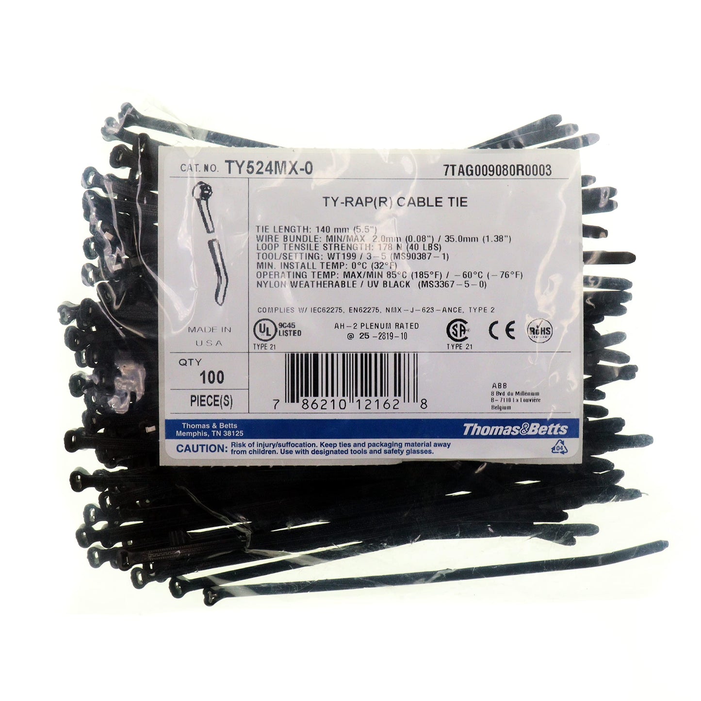 Ty-Rap TY524MX 2-Piece Standard Cable Tie, 5-1/2 in L x 0.14 in W x 0.05 in THK, Nylon
