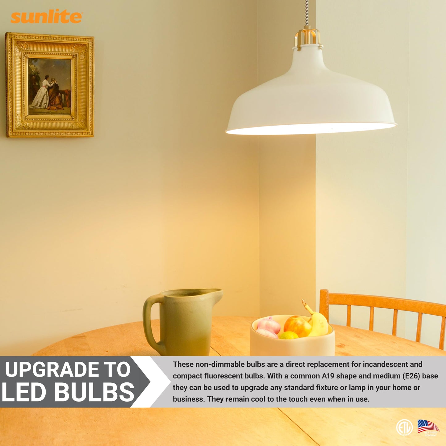 Sunlite 80682 LED A19 Household Light Bulbs, 9 Watts (60W Equivalent), 800 Lumens, Medium Base (E26), Non-Dimmable, 200 Degree Beam Angle, ETL Listed