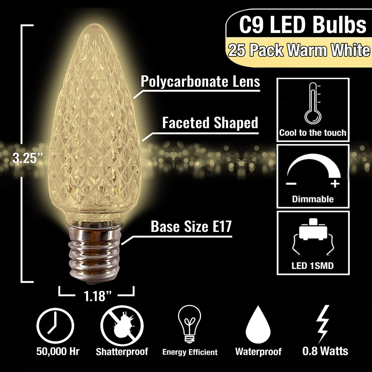 MIK Solutions C9 Christmas Lights LED Bulb (Pack of 25) Soft Warm White Replacement Christmas Light Bulbs Faceted Retrofit Candle Shape Commercial