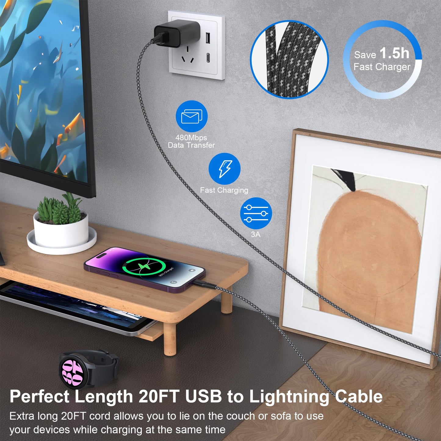 iPhone Charger Cord 20 FT [Apple MFi Certified] iPhone Charger Long Cable with QC 18W Wall Charger Plug, Braided iPhone Cord Fast Charging USB…
