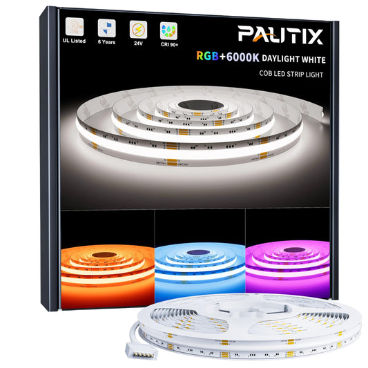 PAUTIX RGBW COB LED Strip Lights Bright 6000K Daylight White 20ft,UL-Listed Dotless LED Lights,24V Flexible Color Changing RGB Light for Game