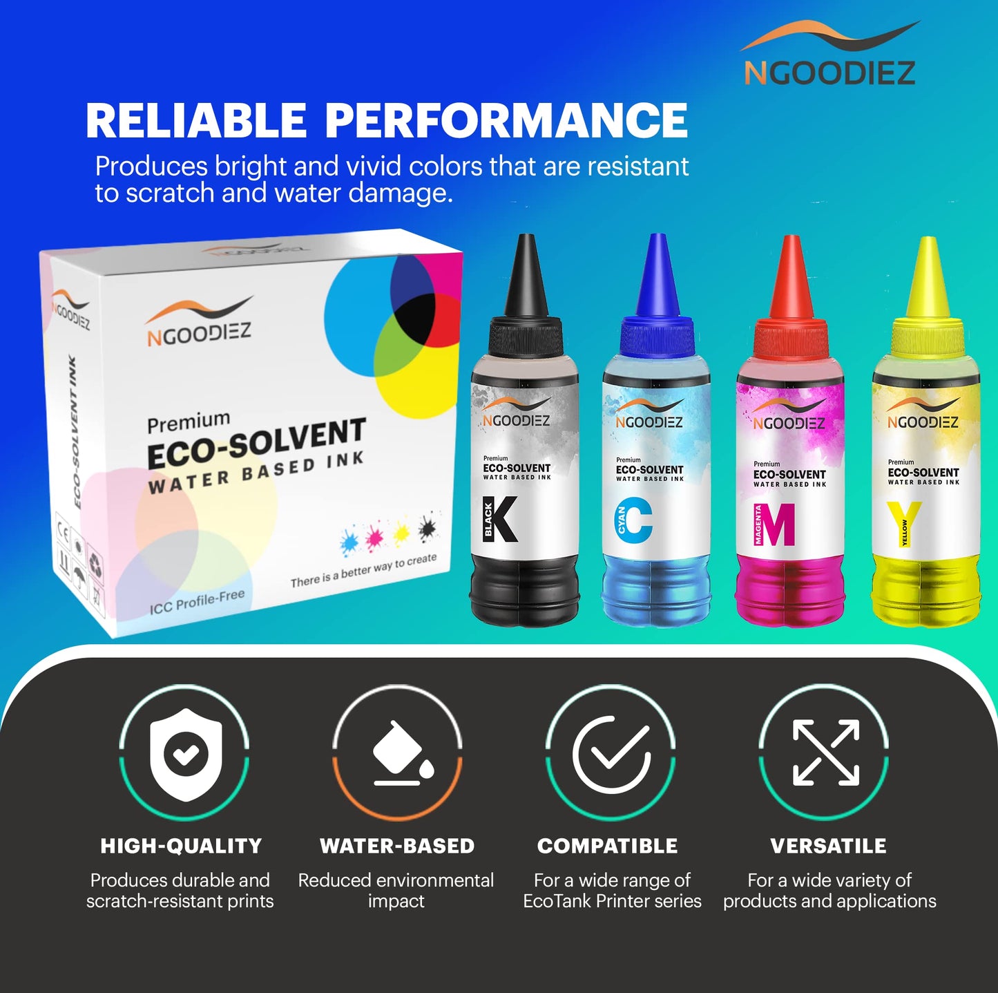 NGOODIEZ Eco Solvent Ink - Water Based Printer Ink, Fast Drying Refill Ink Bottle for Epson EcoTank, & WF Series Printers - Ideal for HTV, Vinyl
